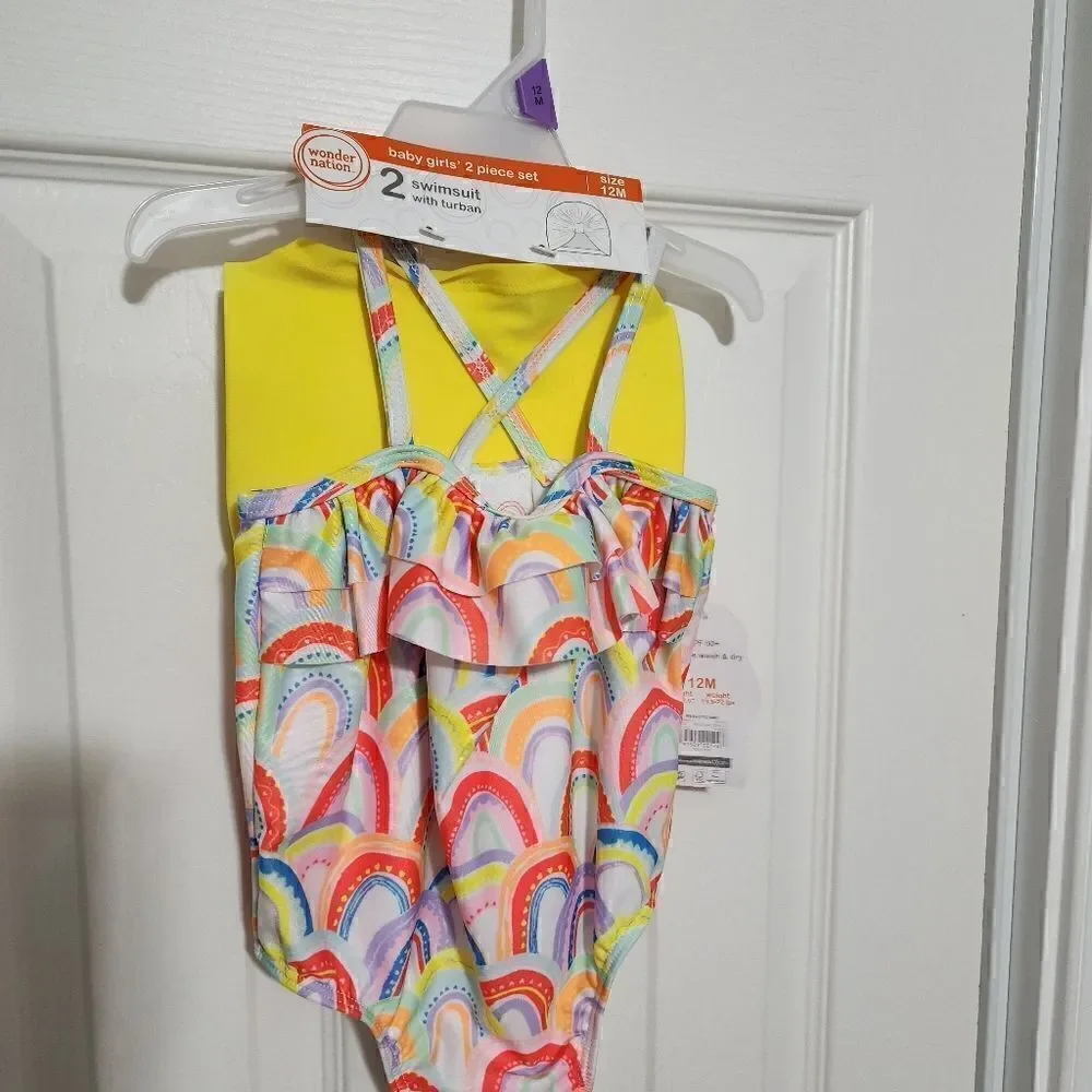 NWT Wonder Nation Baby Girl Rainbow Swimsuit and Swim Turban, 2-Piece